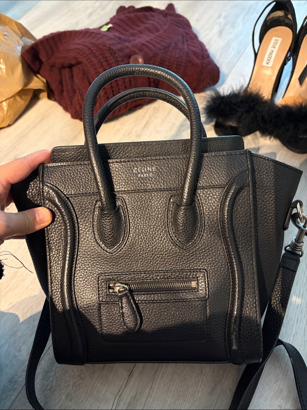 Celine Black Pebbled Leather Mini Luggage Satchel